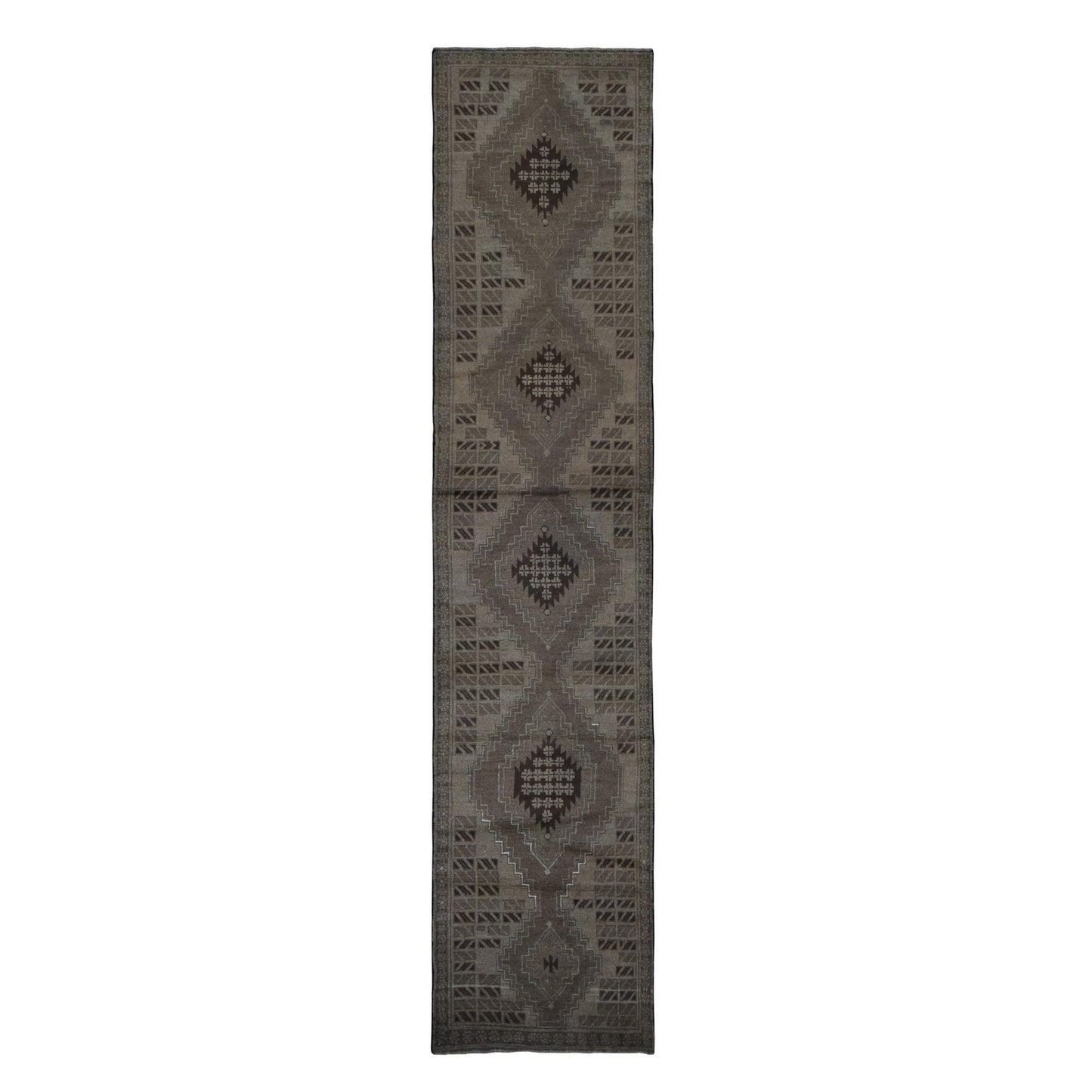 2'9"X12'8" Brown Washed Out Afghan Balooch Wool Hand Knotted Runner Rug