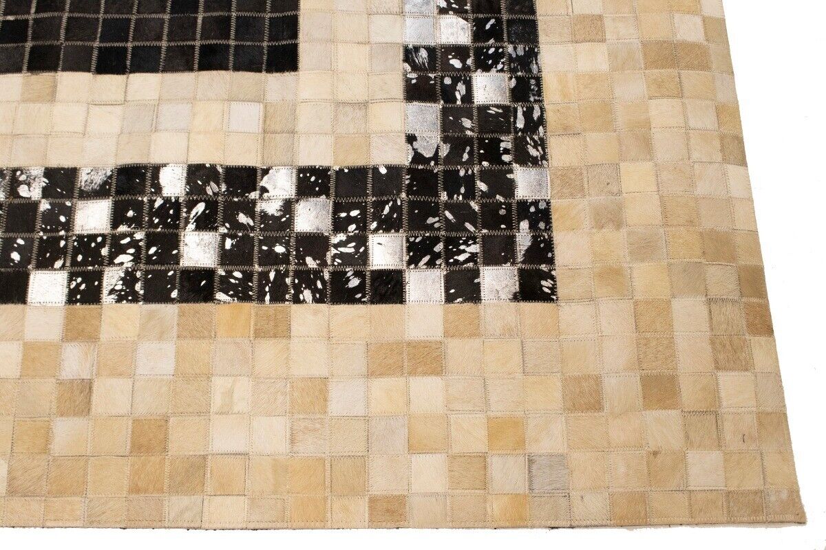 Hand-Stitched Black Beige Cowhide Leather Rug 4X6