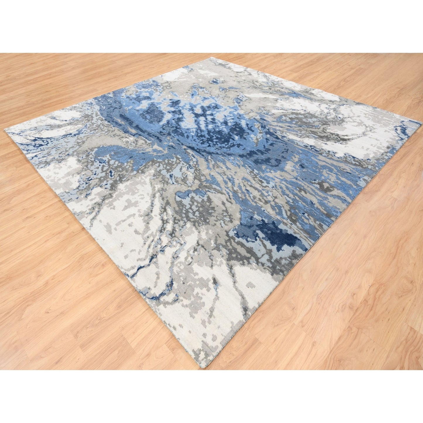 10'1"X10'1" Blue Abstract Design Wool And Silk Hand Knotted Square Rug