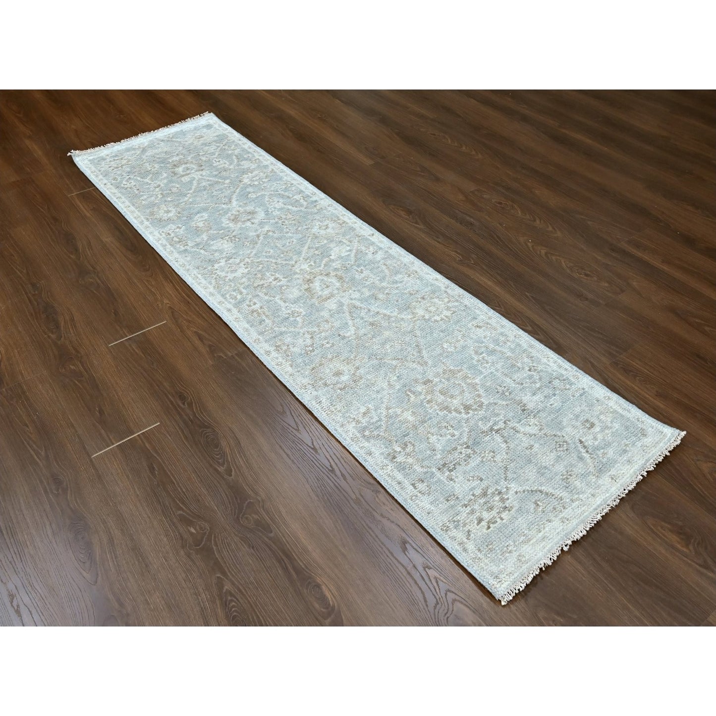 2'5"X8'4" Oyster Gray Oushak Design Hand Knotted Pure Wool Runner Rug