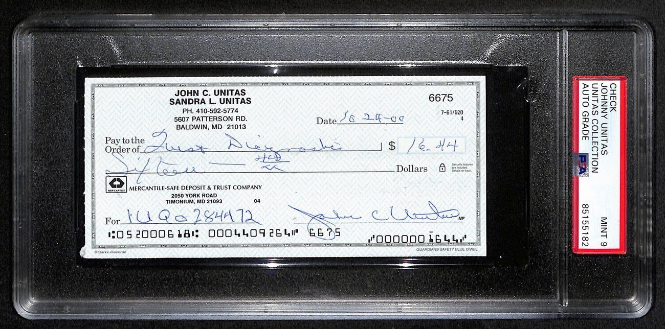 Johnny Unitas Signed 10/24/00 Check Psa/Dna Mint