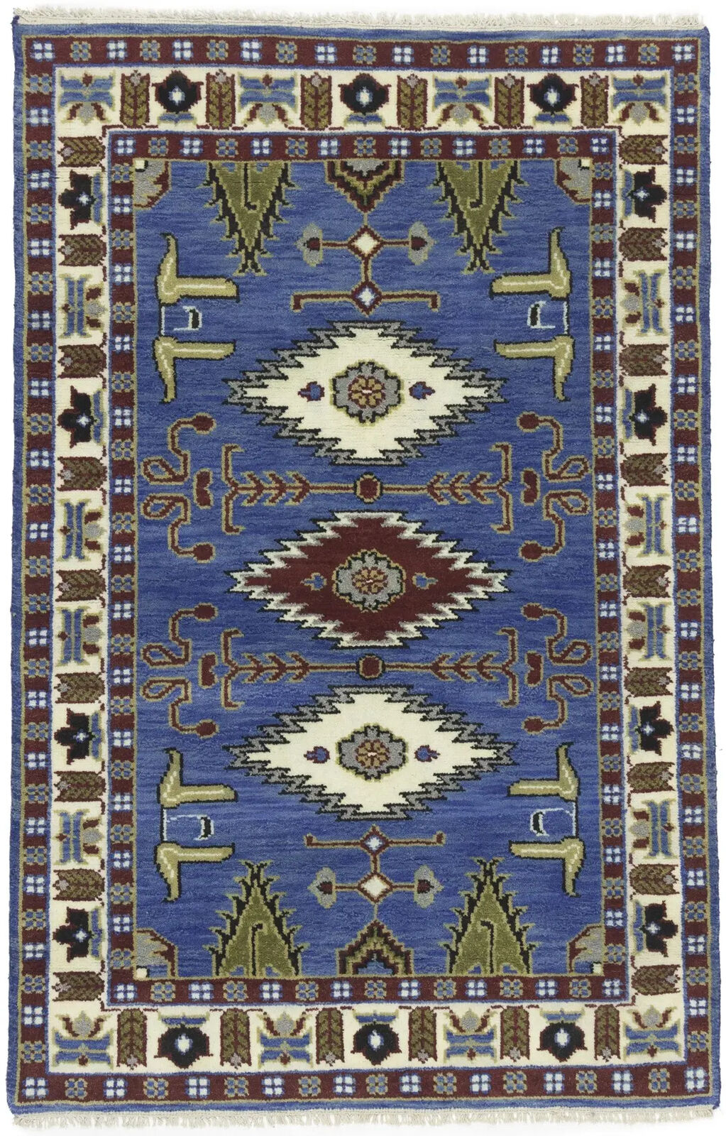 Hand-Knotted Kazak Oriental Rug 4X6 Ft Blue