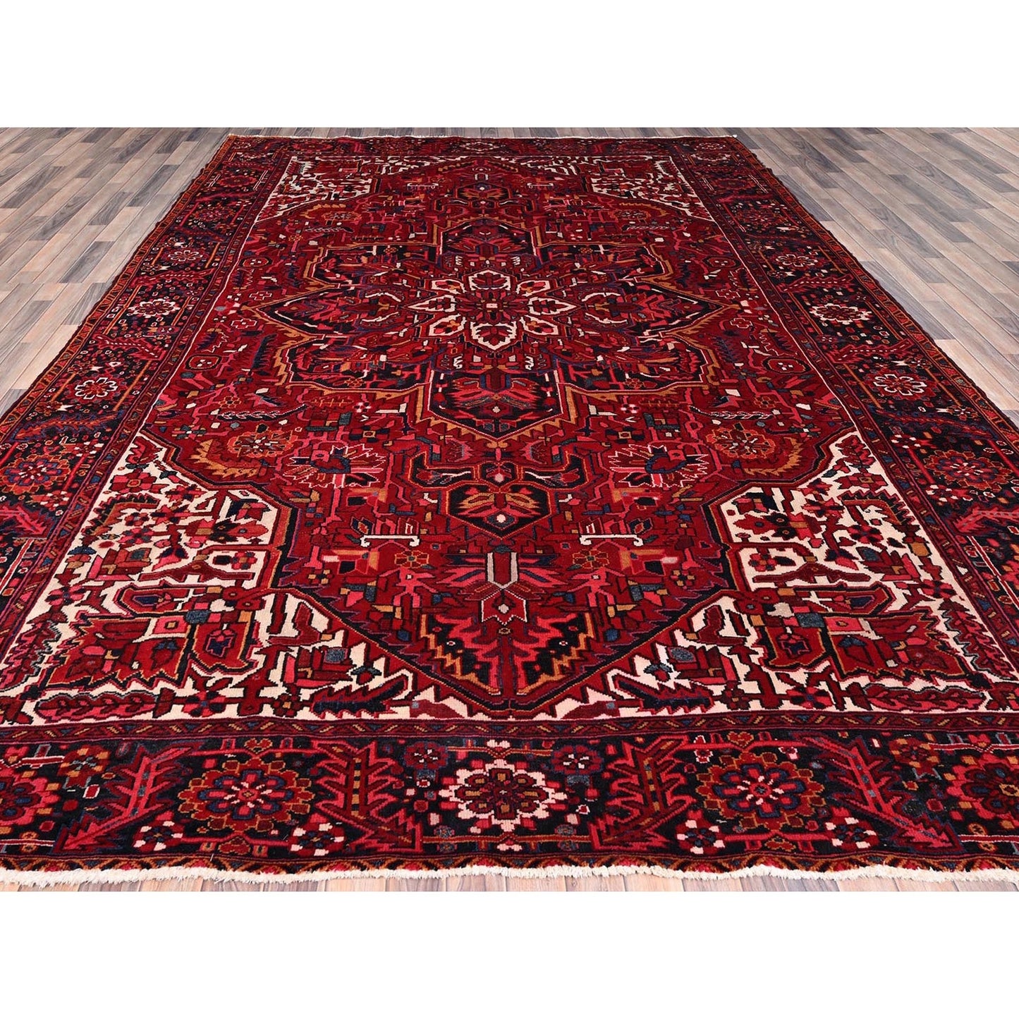 9'7"X12'6" Dutch Tulip Red Semi Antique Hand Knotted Heris Shiny Wool Rug