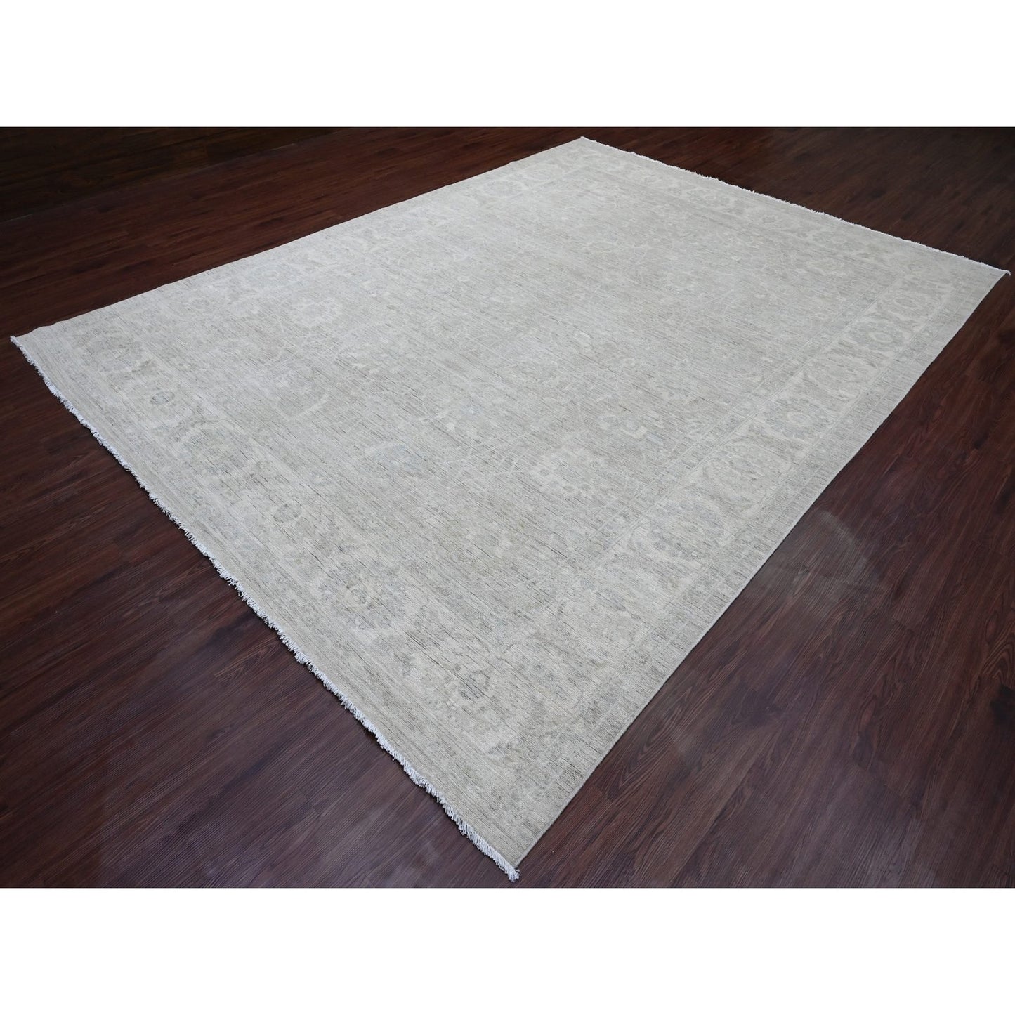 9'X12' Gray Hand Knotted Washed Out Peshawar Vines Design 100% Wool Rug