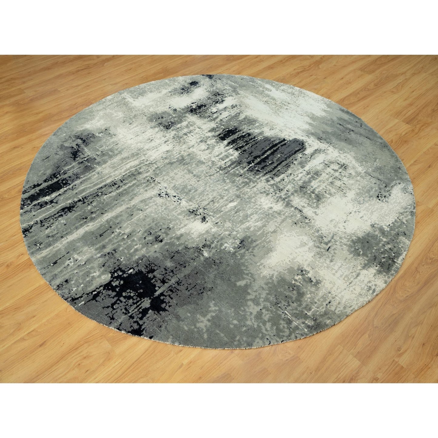 8'X8' Black Hand Knotted Abstract Wool And Silk Round Rug