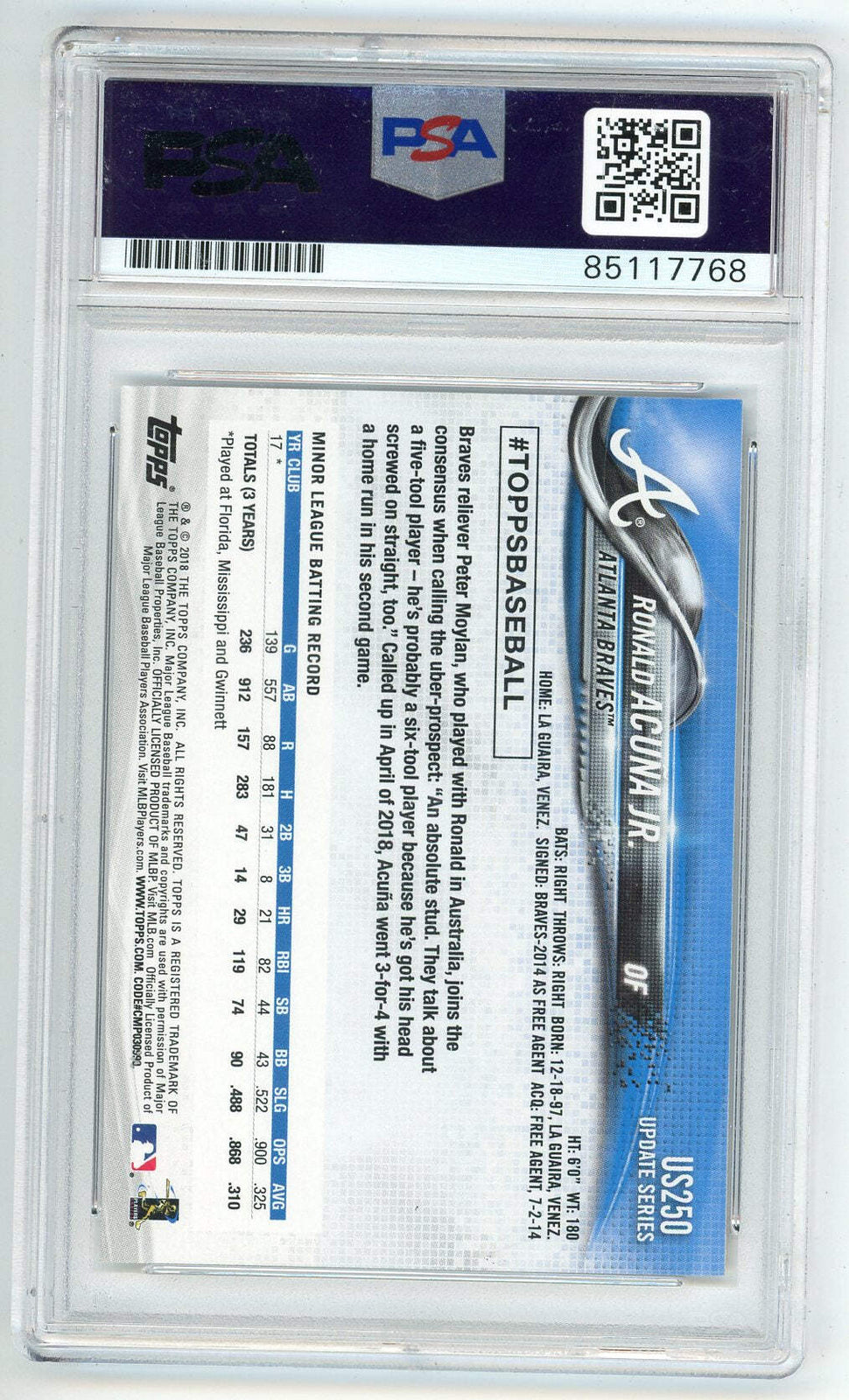 Ronald Acuna Jr. 2018 Topps Autographed Card Psa Authentic Auto