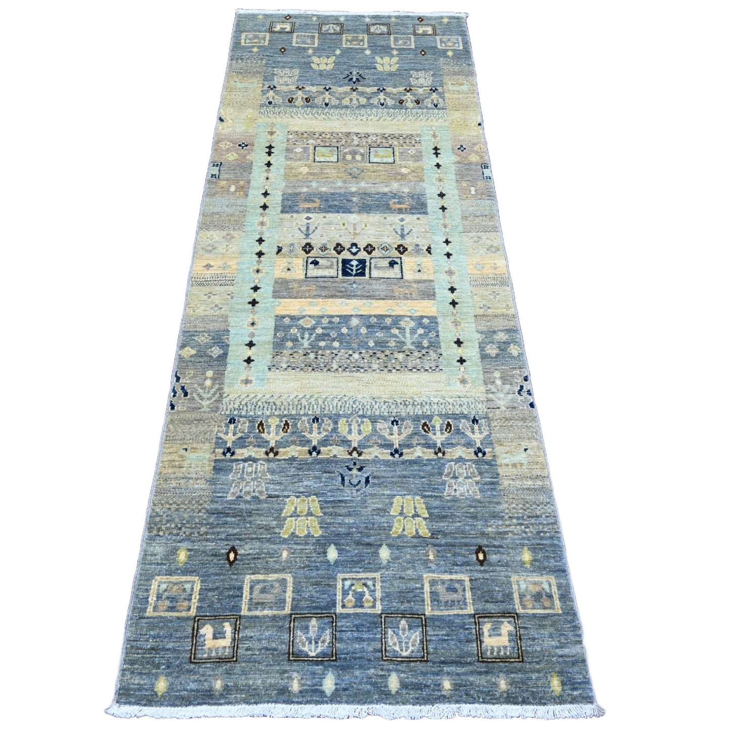 2'8"X7'7" Gray Hand Knotted Fine Kashkuli Animal Figurine Wool Runner Rug