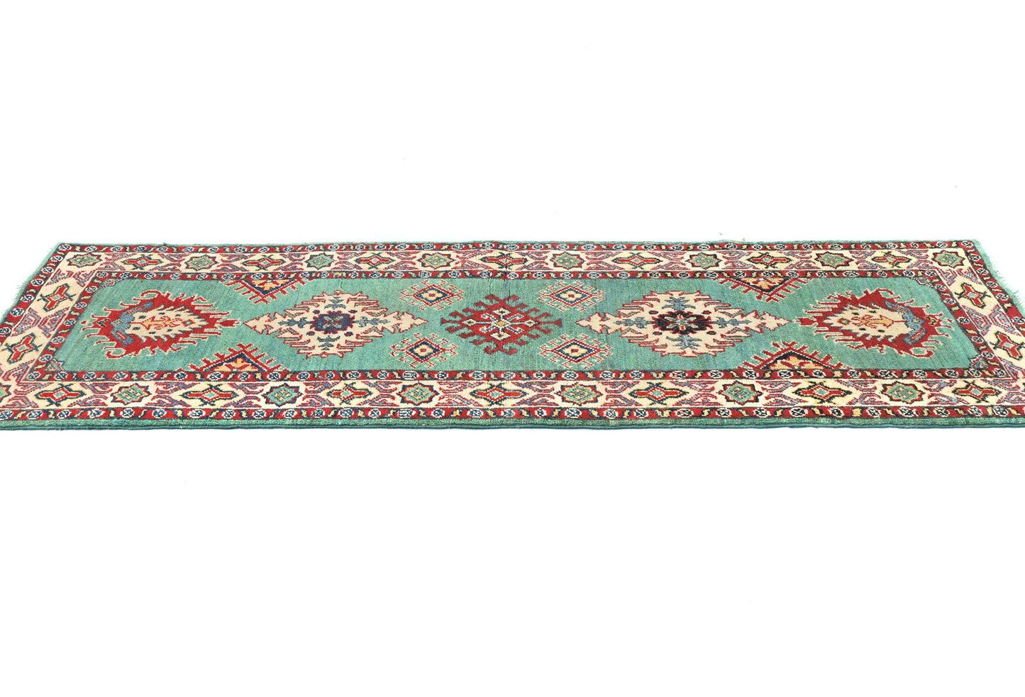Hand-Knotted Kazak Tribal Runner Rug Geometric