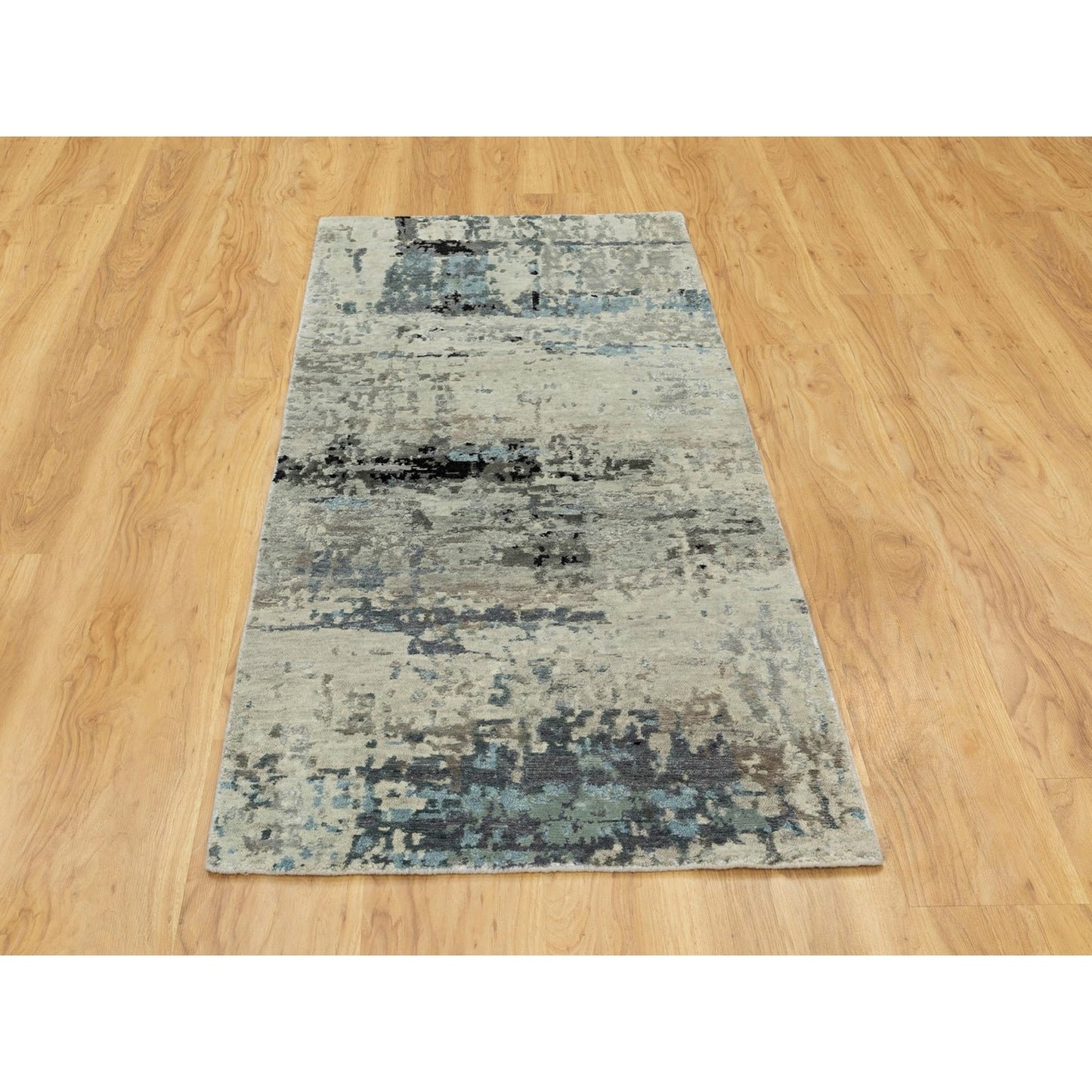 2'6"X5'10" Abstract Design Silver-Blue Hand Knotted Wool-Silk Runner Rug