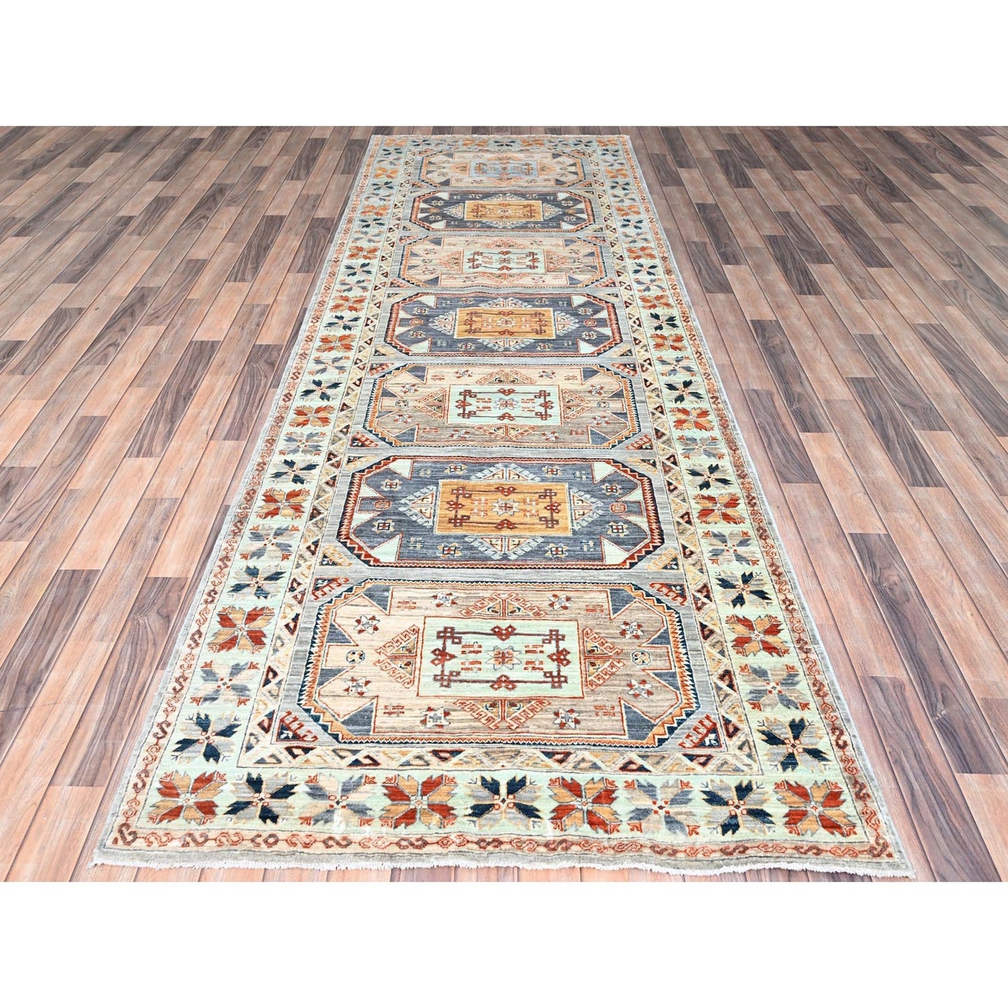 4'X11'9" Blue 200 Kpsi Wool Caucasian Design Hand Knotted Wide Runner Rug