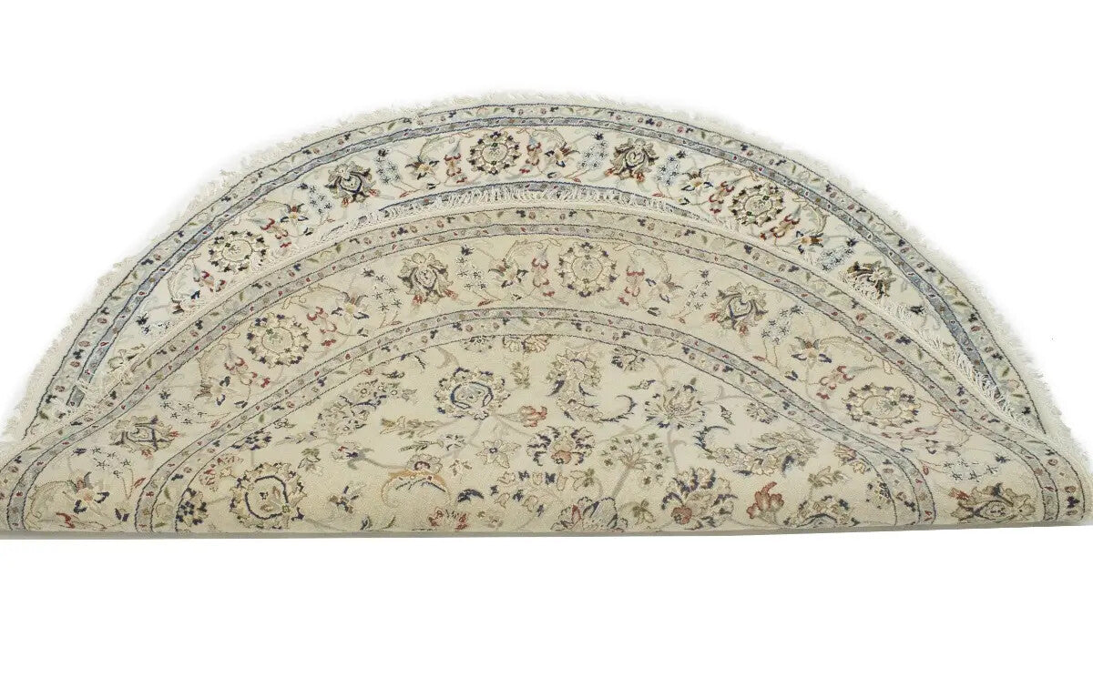 Extra Fine Hand-Knotted Indo-Nain Round Rug 6X6 ft Cream Floral