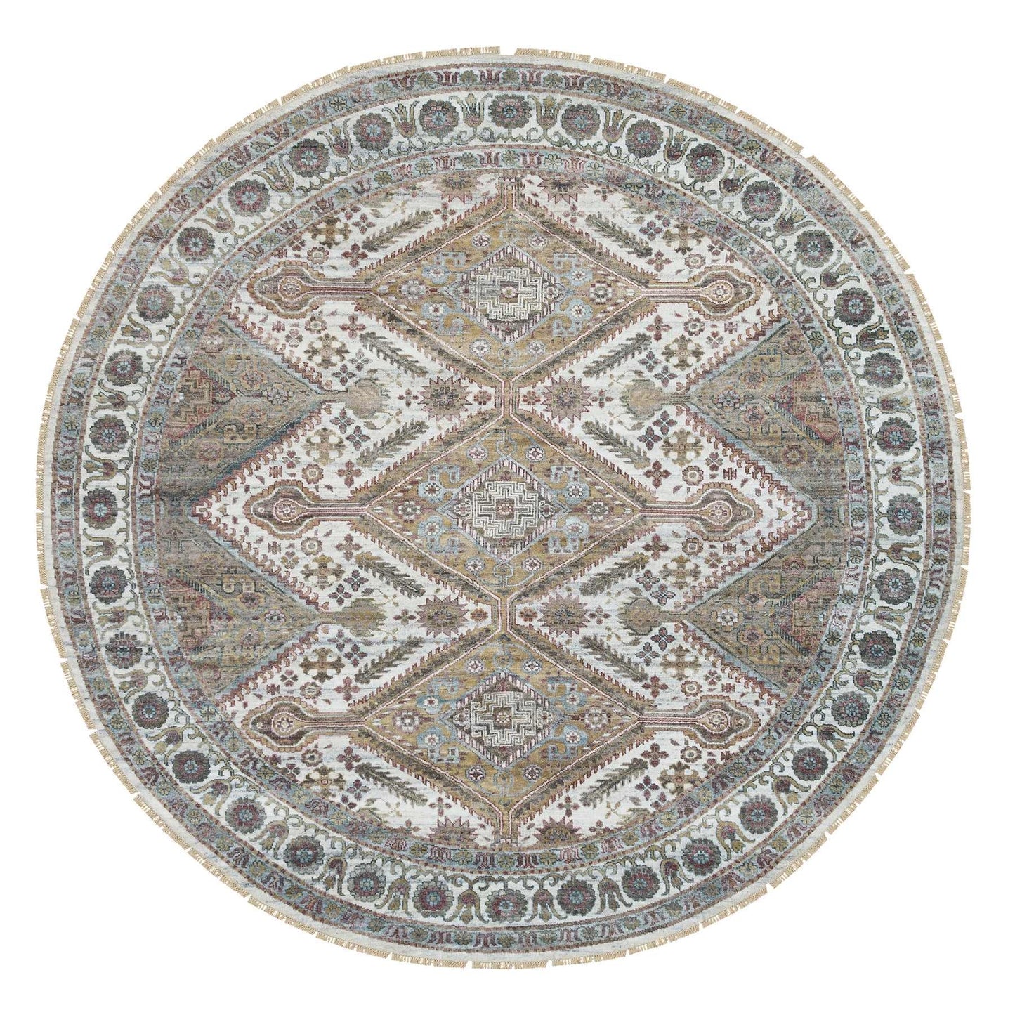 9'9"X9'9" Ivory Hand Knotted Flower Rosettes Border Round Oriental Rug