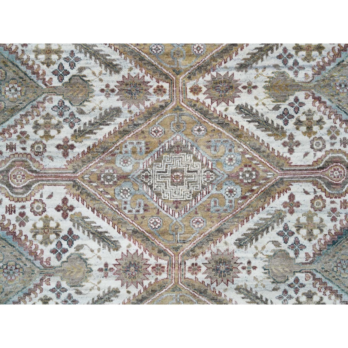9'9"X9'9" Ivory Hand Knotted Flower Rosettes Border Round Oriental Rug