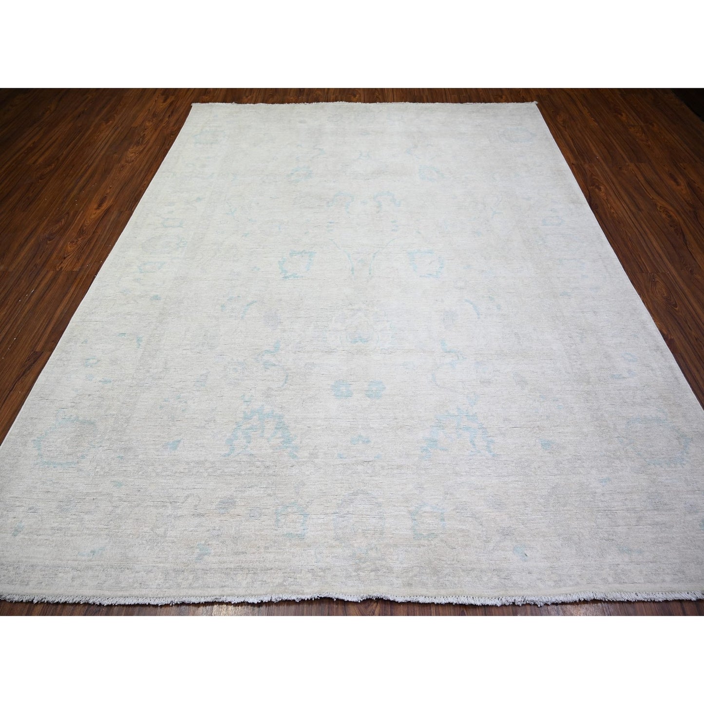 8'X9'7" Ivory Natural Wool Hand Knotted White Wash Peshawar Rug
