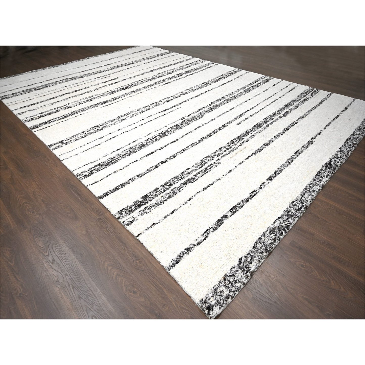 12'X17'9" Ivory Striae Design Wool Hand Knotted Oversized Oriental Rug