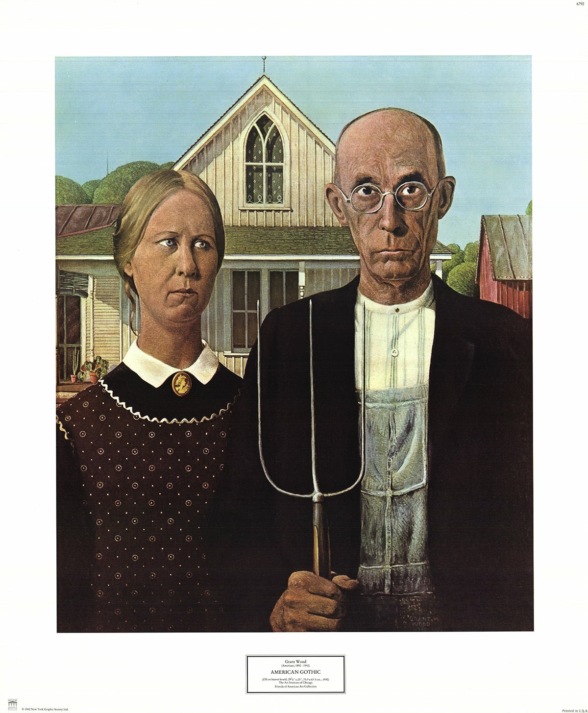Grant Wood American Gothic " Poster Modernism Green, Black, White