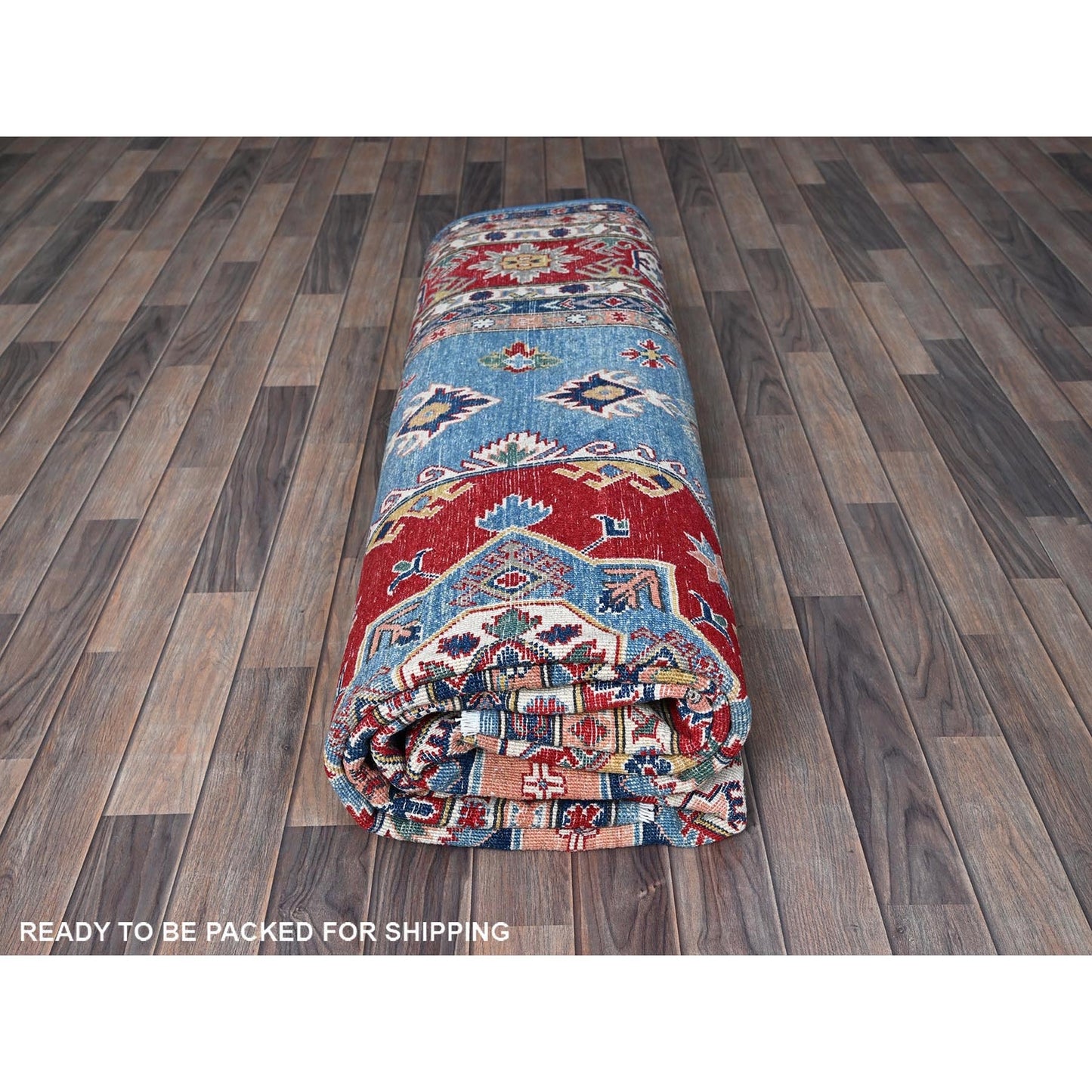 8'10"X11'8" Blue Kazak With Geometric Design Hand Knotted Soft Wool Rug