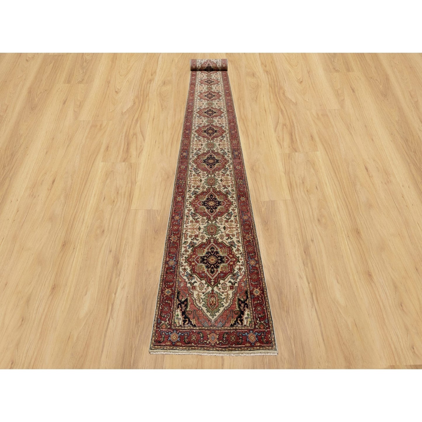 2'8"X28'1" Eggnog White Wool Heris Re-Creation Hand Knotted Xl Runner Rug