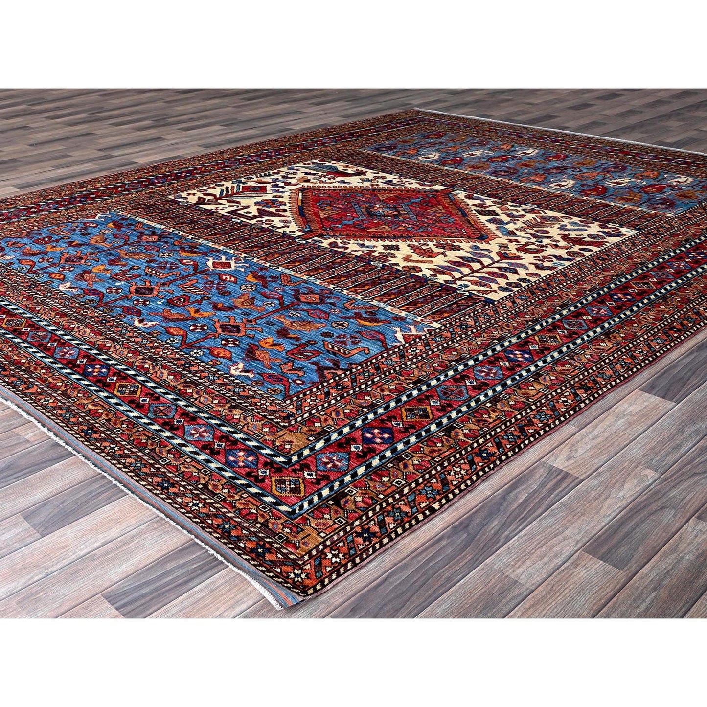 8'6"X10'8" White Hand Knotted Afghan Caucasian Design Revival Soft Wool Rug