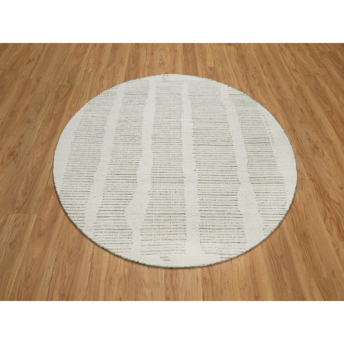 5'9"X5'9" Ivory Hand Woven Round Rug Flat Weave With Pile Natural Wool