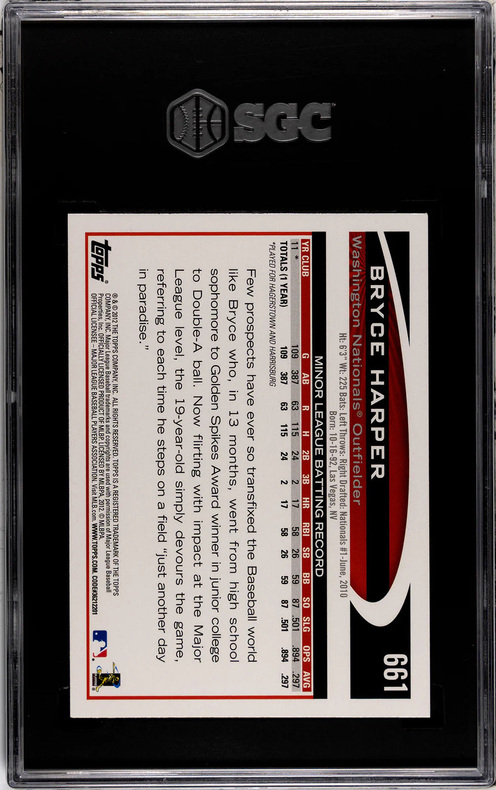 Bryce Harper 2012 Topps Complete Set #661 Sgc 10