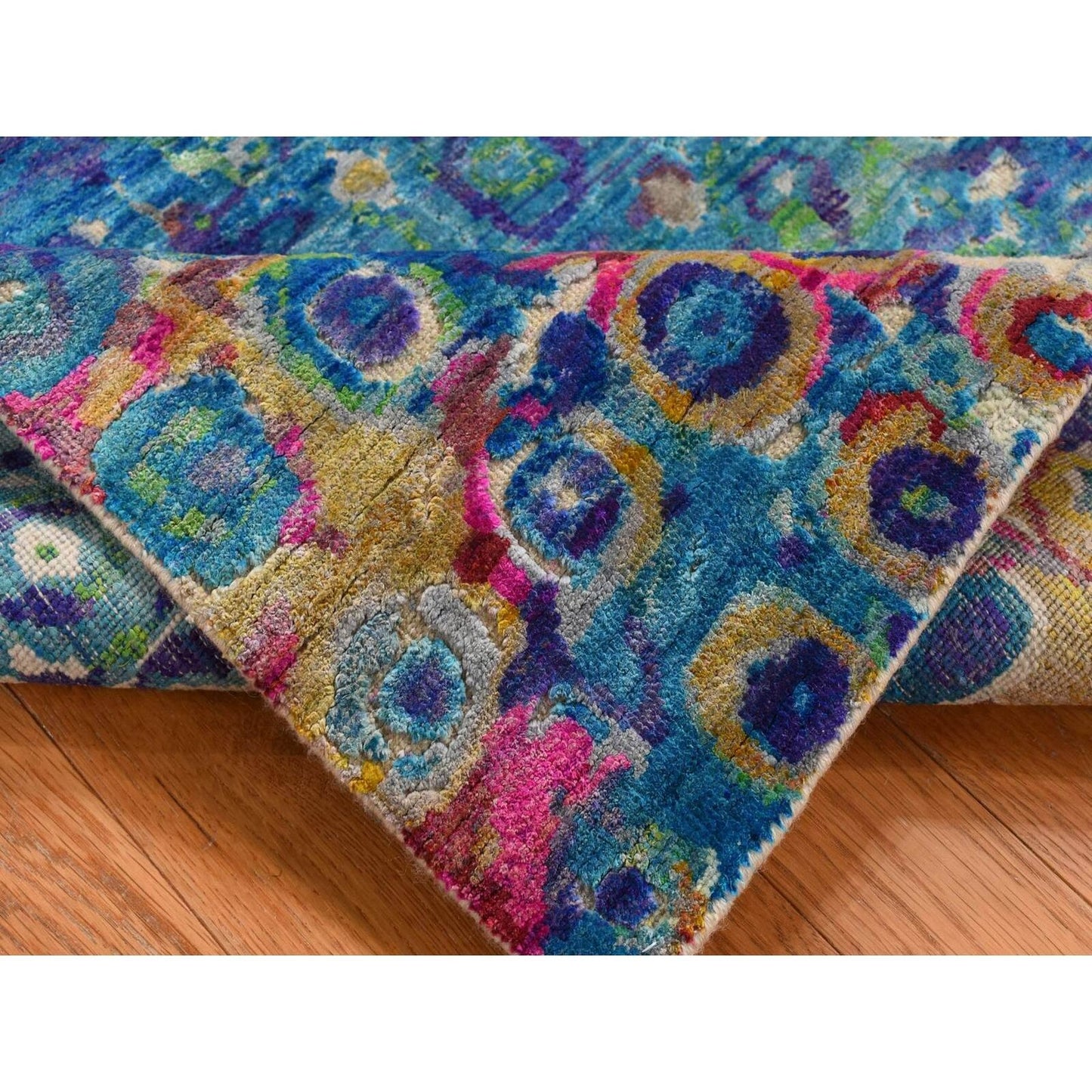 3'X12'4" Admiral Blue The Peacock Sari Silk Hand Knotted Runner Rug