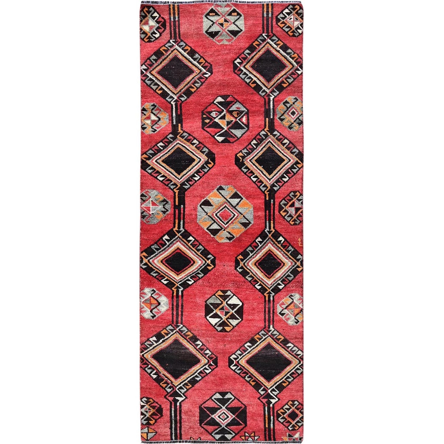 3'1"X8'4" Red Vintage Zoroastrian Sheeraz Pure Wool Hand Knotted Runner Rug