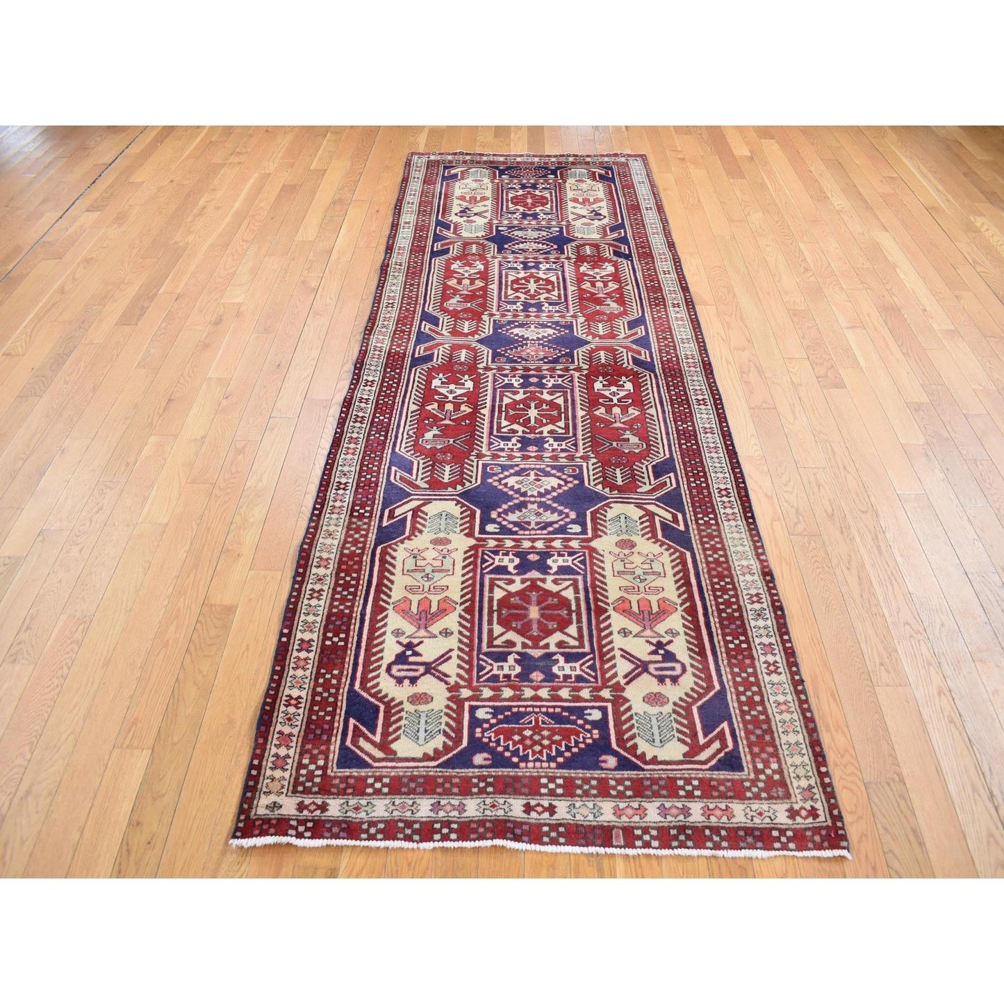 3'8"X10' Blue Vintage Zoroastrian Northeast Wool Hand Knotted Runner Rug