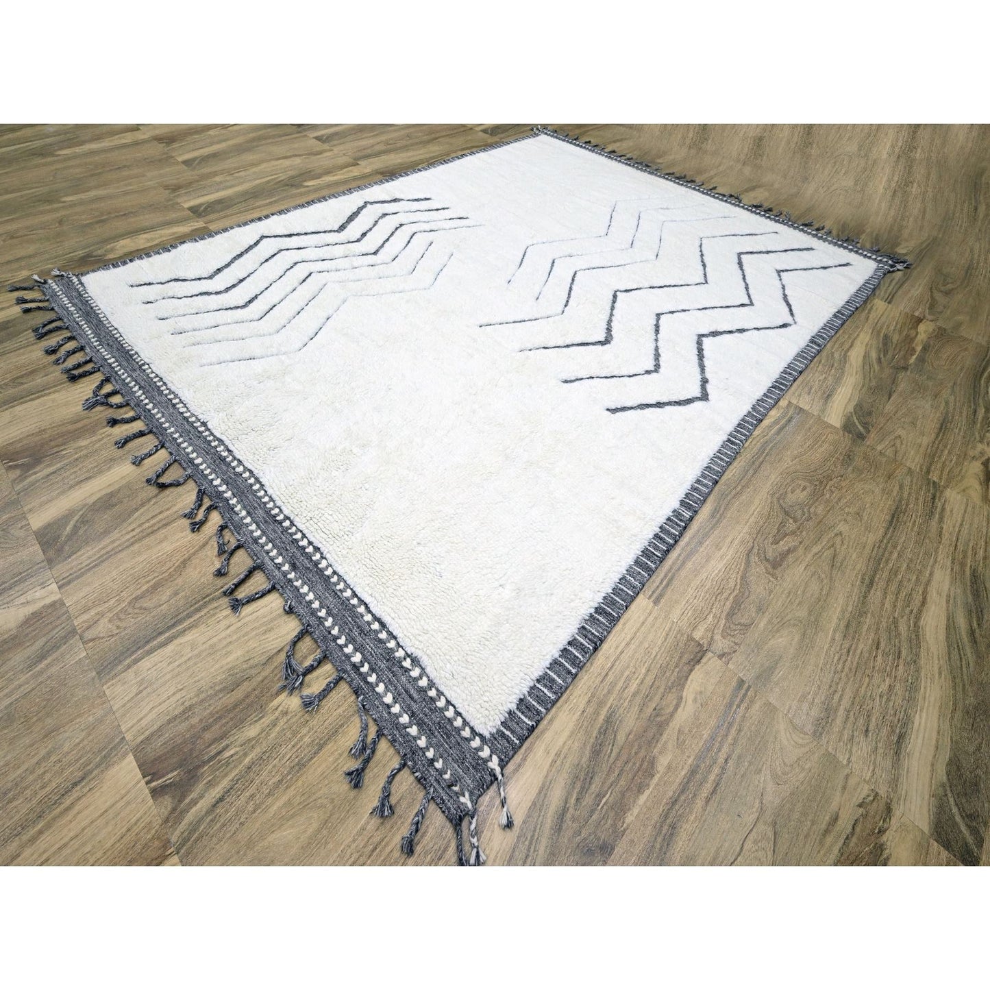 9'2"X12'1" White Moroccan Weave Geometric Design Wool Hand Knotted Rug