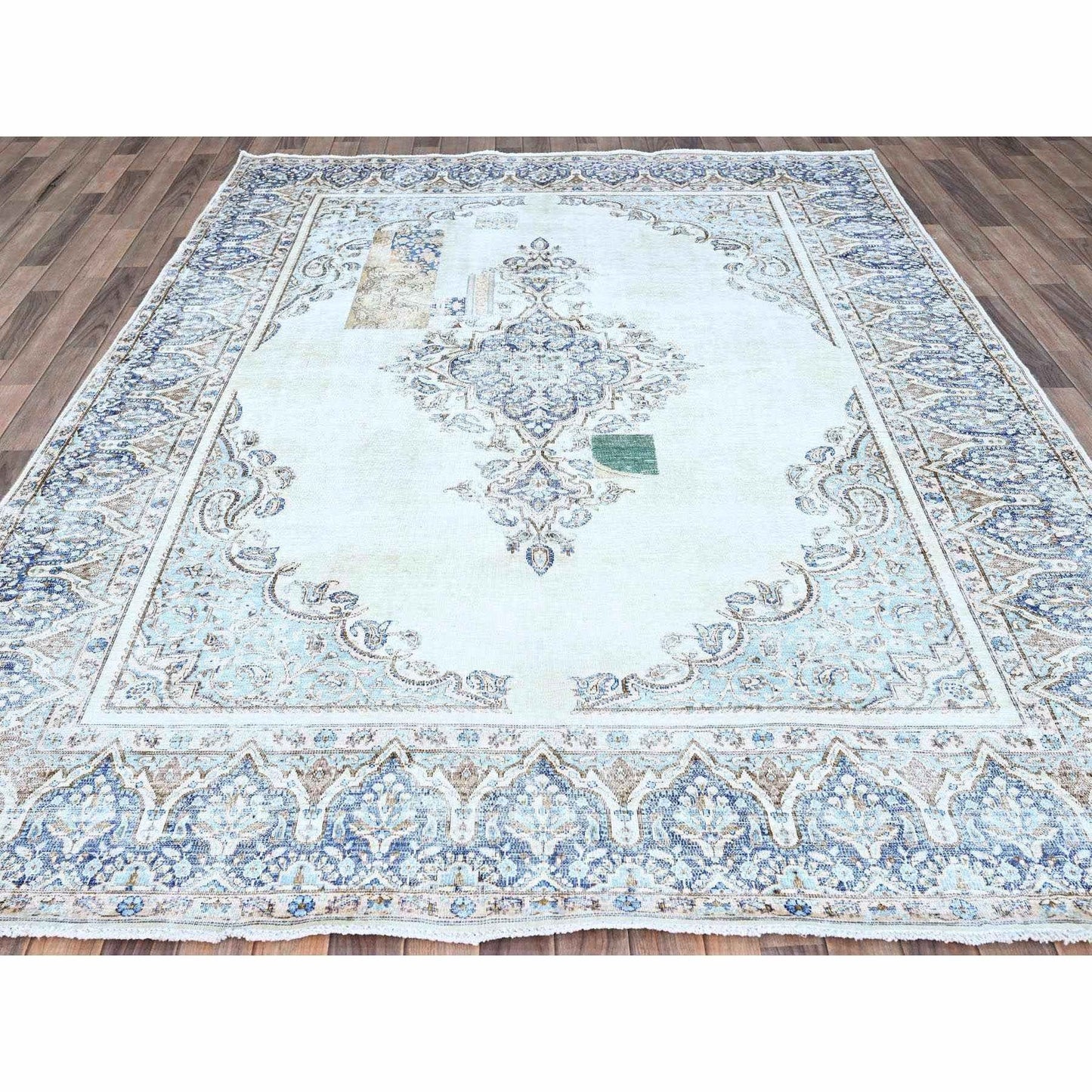 7'2"X10'1" Blue Vintage Zoroastrian Karman Worn Down Wool Hand Knotted Rug