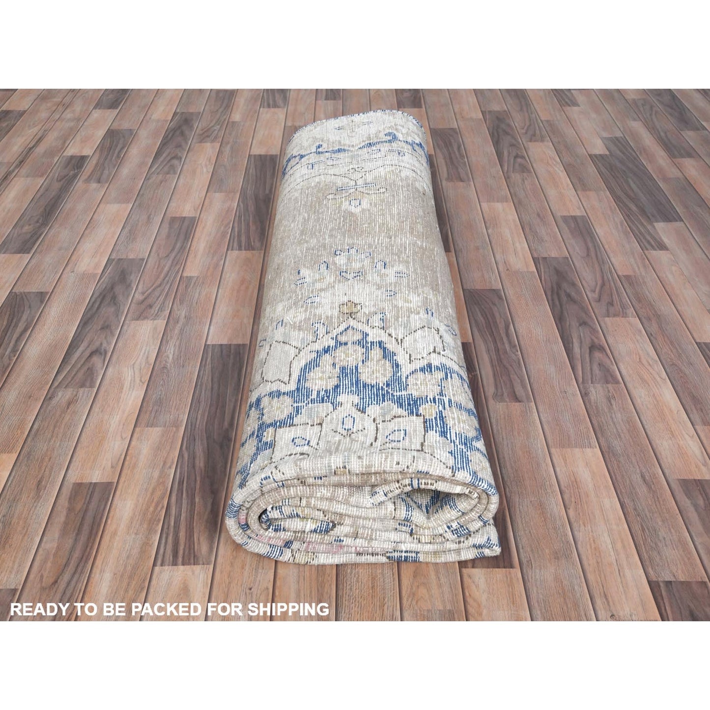 8'7"X12' Beige Hand Knotted Wool Distressed Vintage Farsian Karman Rug