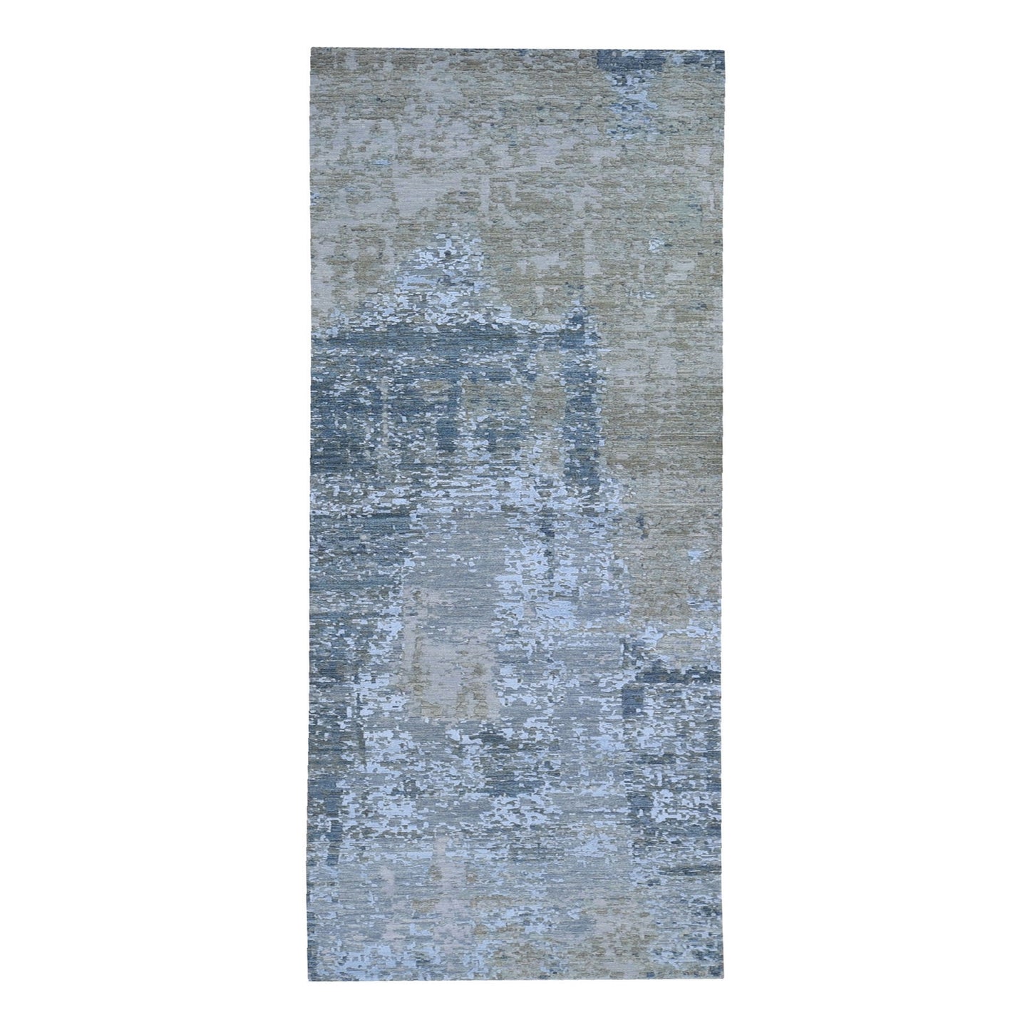 2'6"X12'3" Abstract Design Wool And Silk Dense Weave Hand Knotted Rug