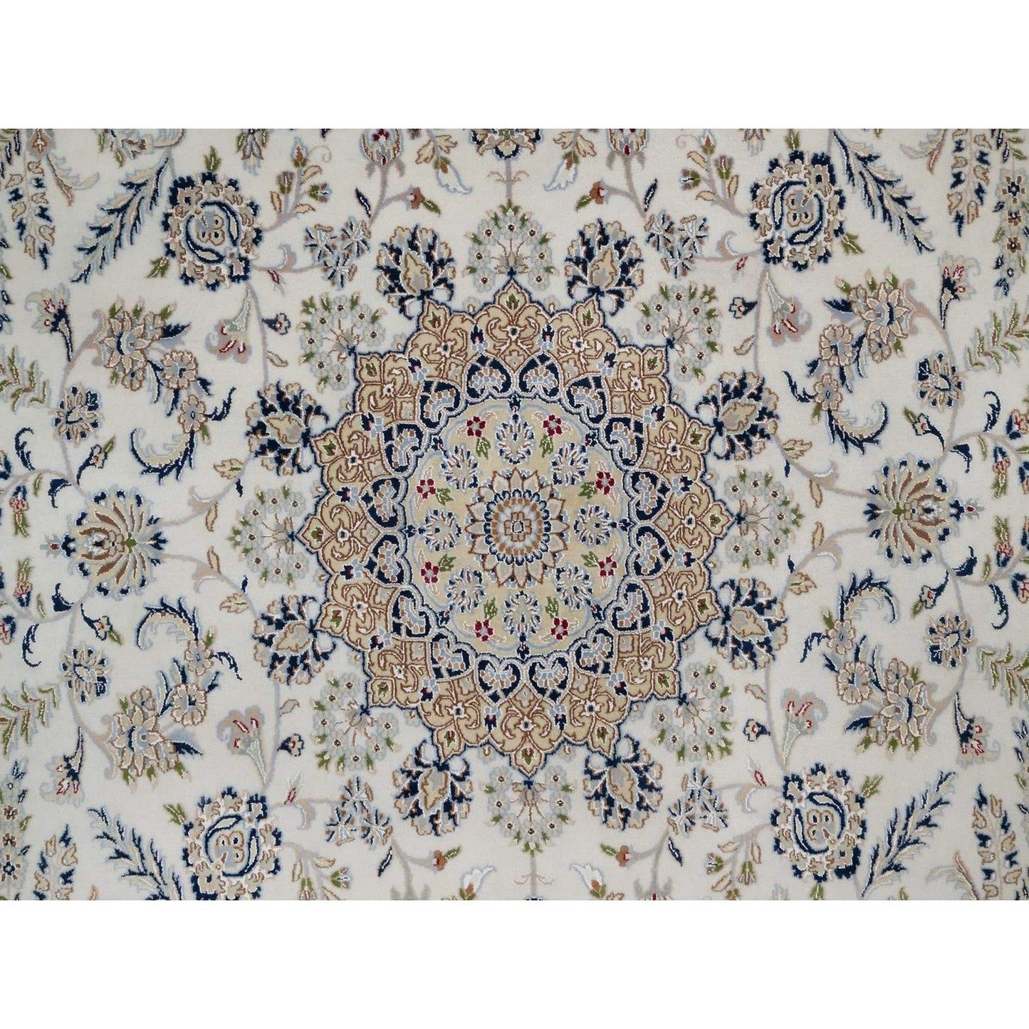 8'7"X12' Ivory Wool And Silk Nain Medallion Design Hand Knotted Rug