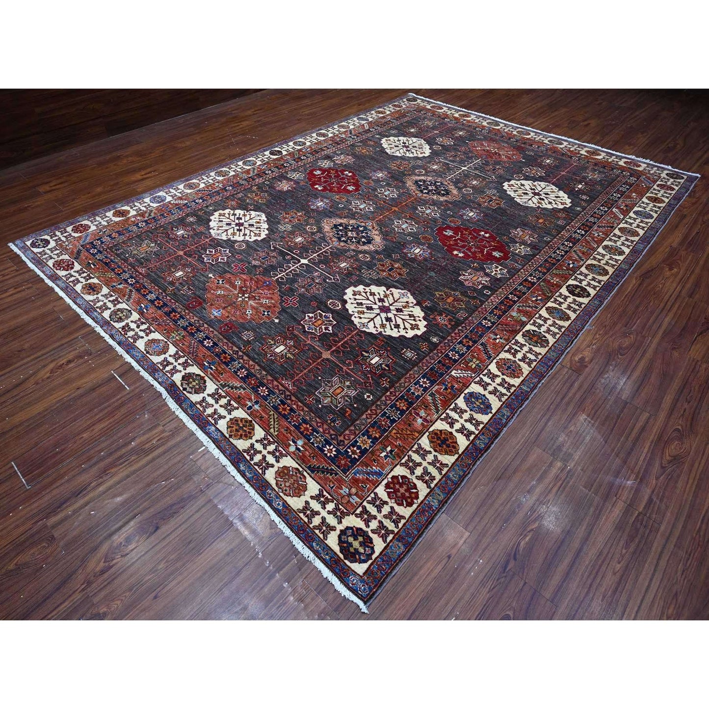 9'X12'3" Gray Tribal Medallions Hand Knotted Super Kazak Oriental Rug