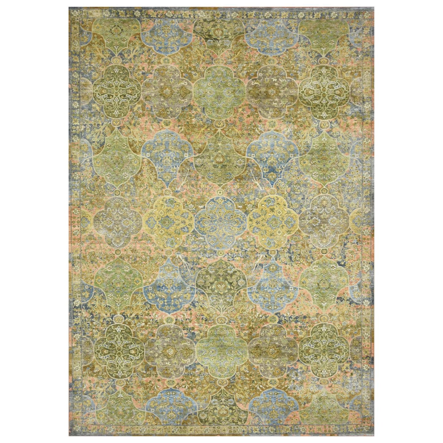 10'X14'3" Moss Green Repetitive Emblem Design Pure Wool Hand Knotted Rug