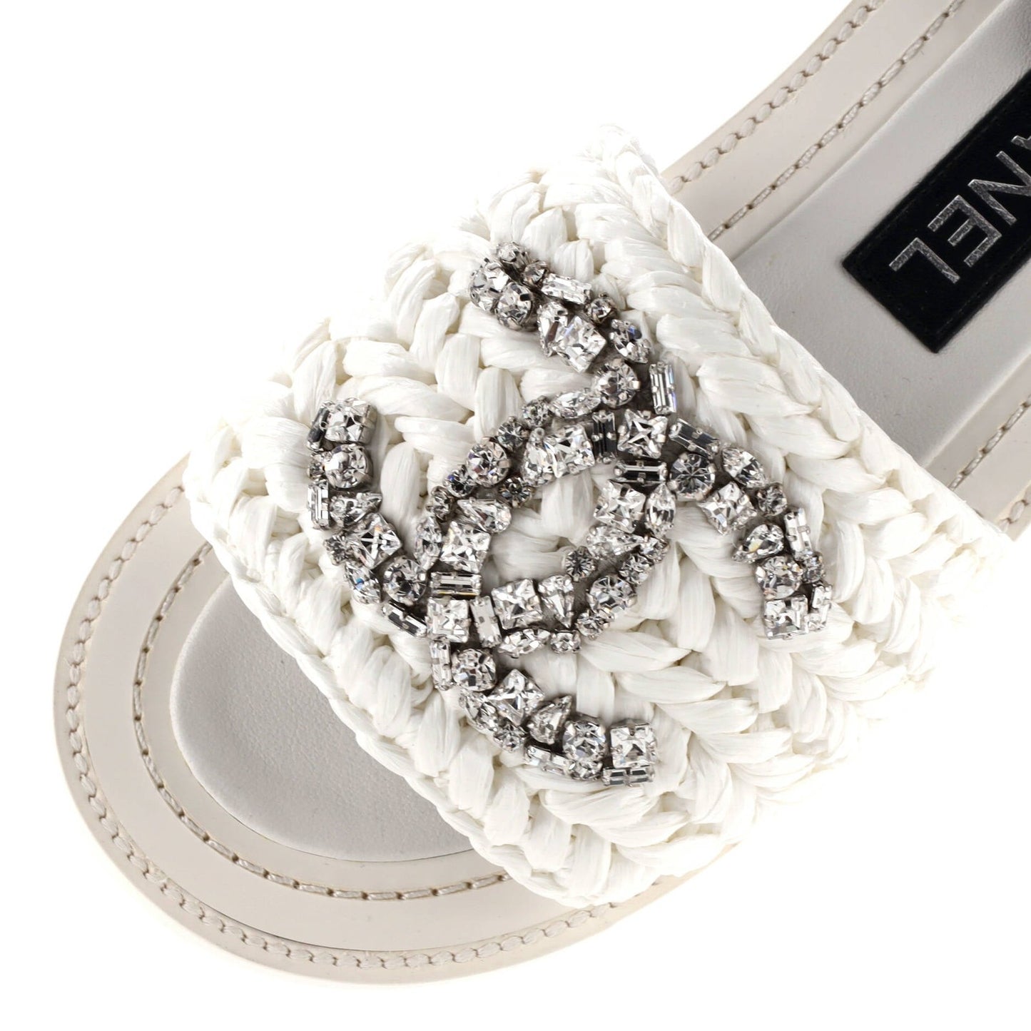 Raffia Chanel Women's CC Slide Sandals Crystal Embellished Woven