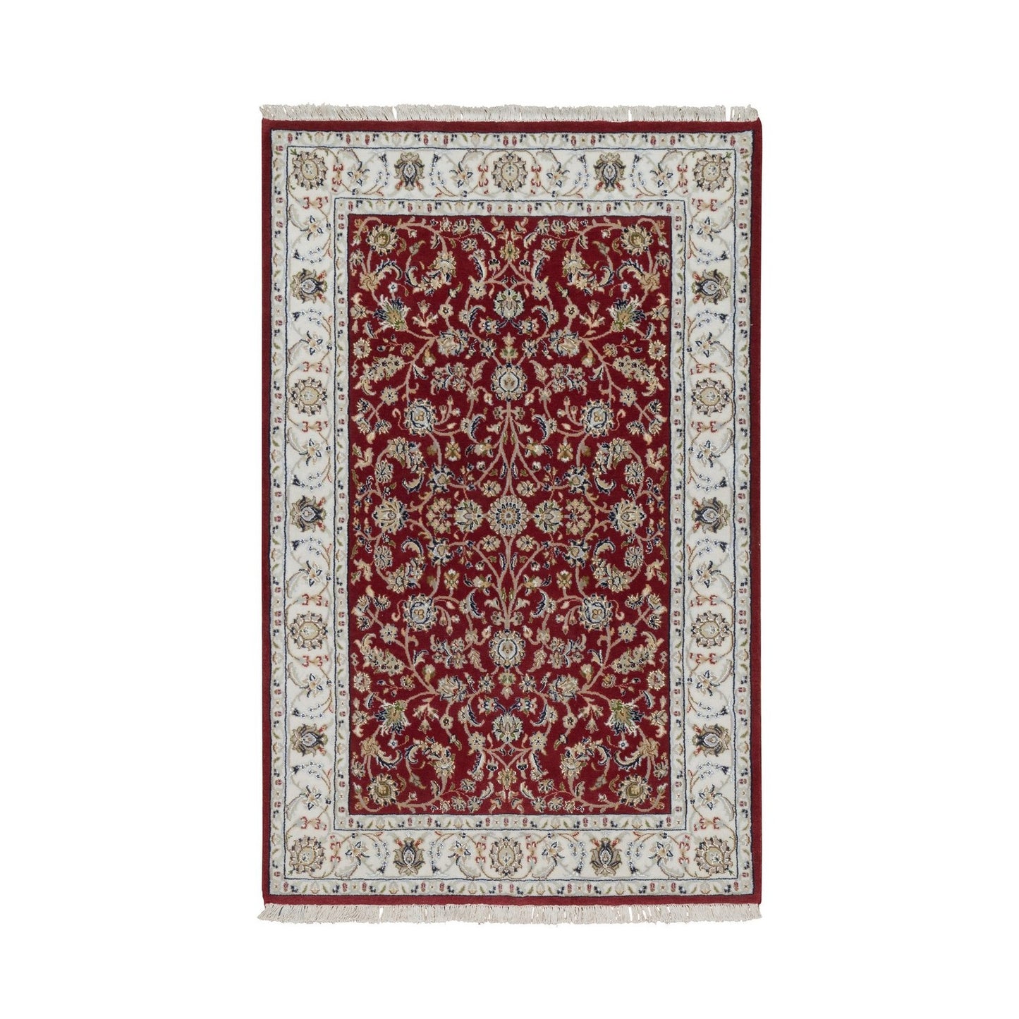 4'X6'1" Red Nain With Flower Pattern Wool And Silk Hand Knotted Rug