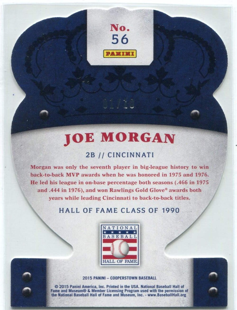 Joe Morgan 2015 Panini Crown Royale Cooperstown Die Cut Gold Parallel Card #56 1