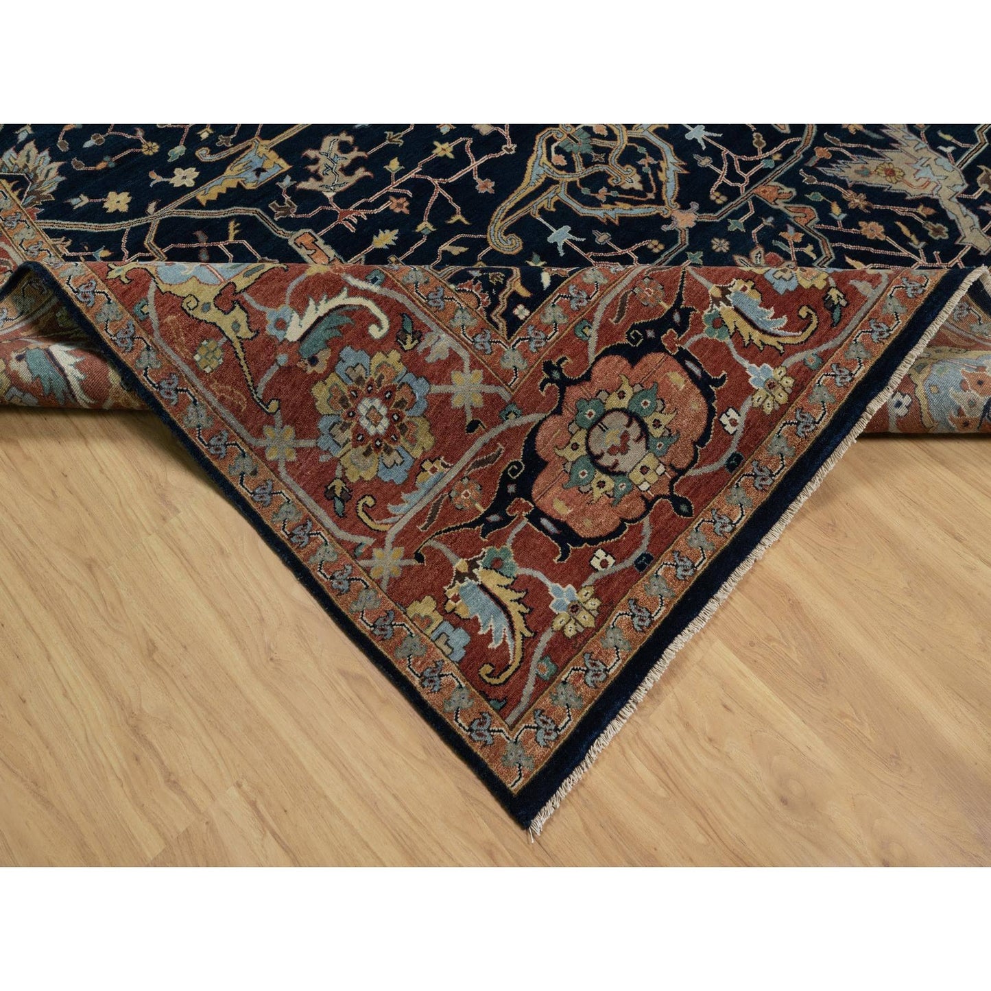 9'X12'2" Midnight Blue Antiqued Heris Re-Creation Hand Knotted Wool Rug