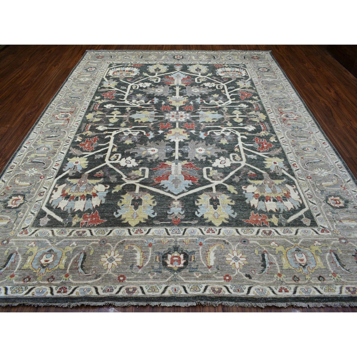 9'3"X11'9" Charcoal Black Afghan Peshawar Soft Wool Hand Knotted Rug
