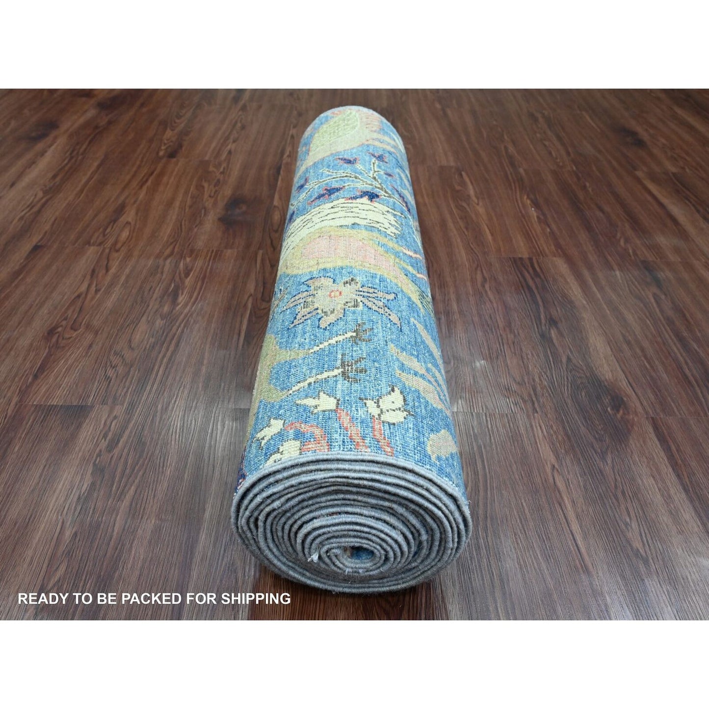 3'X21'3" Blue Afghan Peshawar Birds Design Hand Knotted Wool Runner Rug