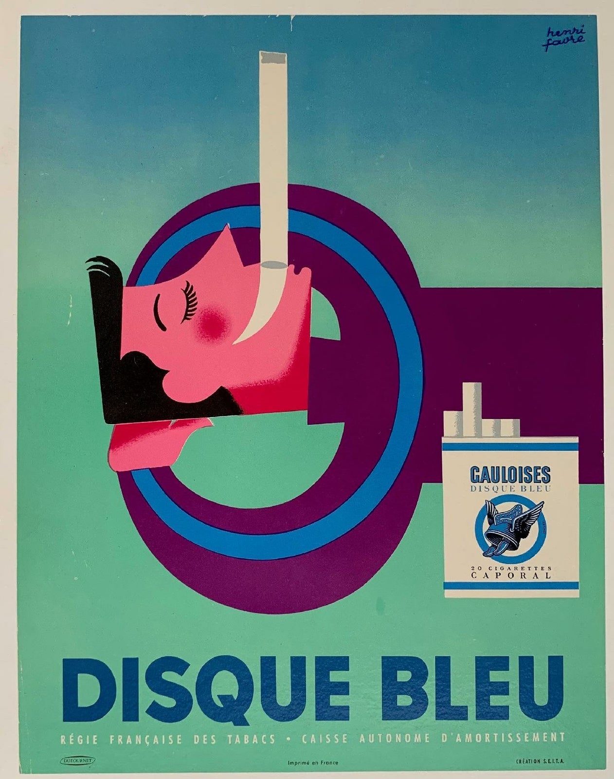 Disque Bleu Cigarettes By Favre C 1950 On Inen Origianl French Poster