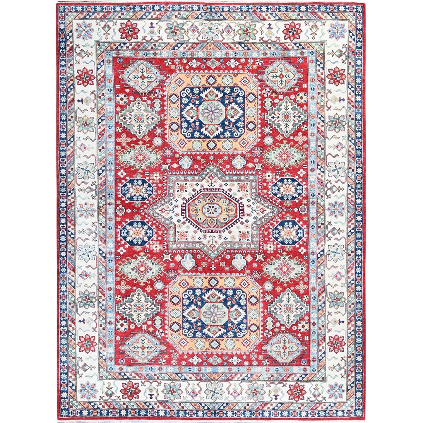 9'1"X11'9" Berry Red Kazak With Geometric Design Hand Knotted Soft Wool Rug