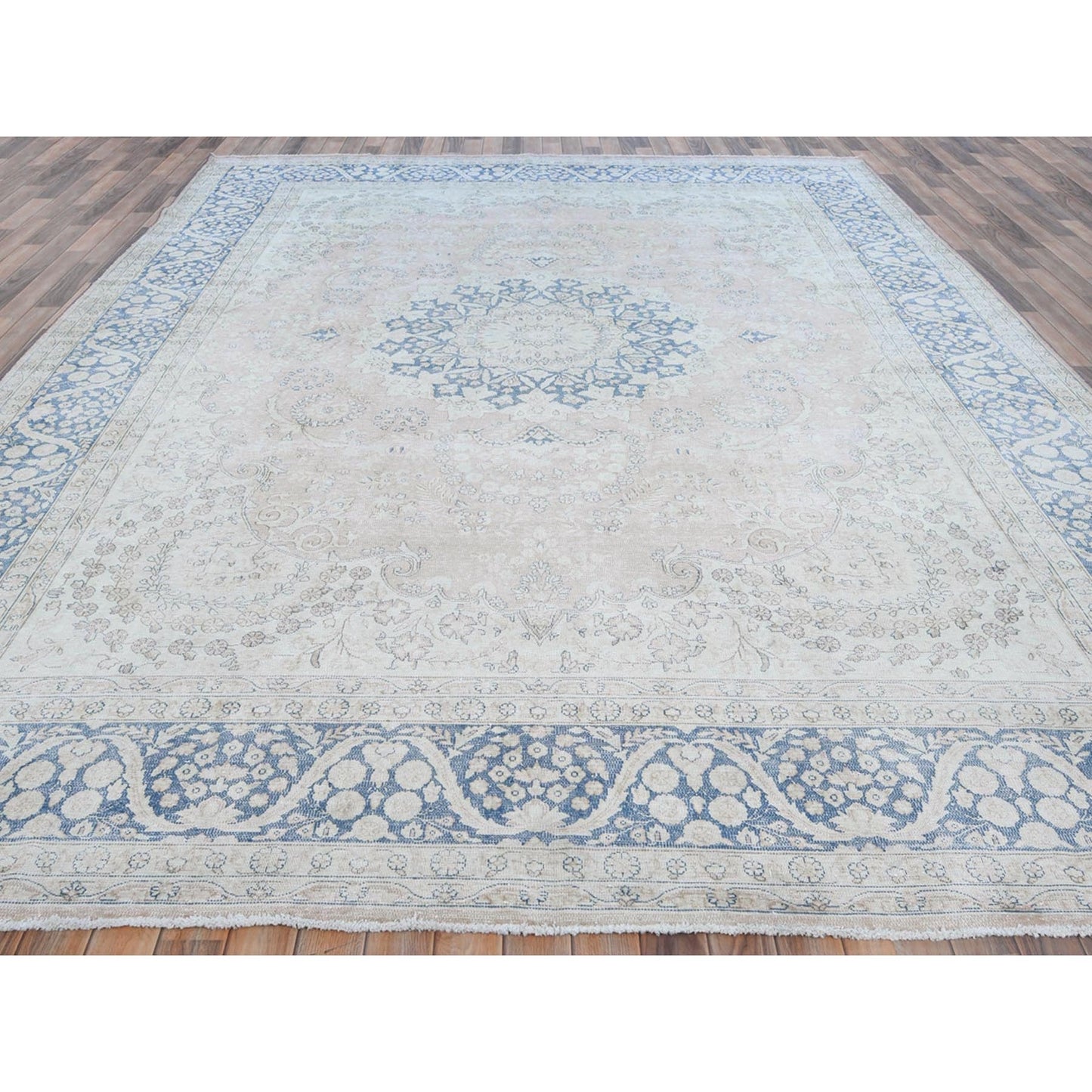 10'2"X13'4" Red Hand Knotted Worn Wool Distressed Look Old Farsian Rug
