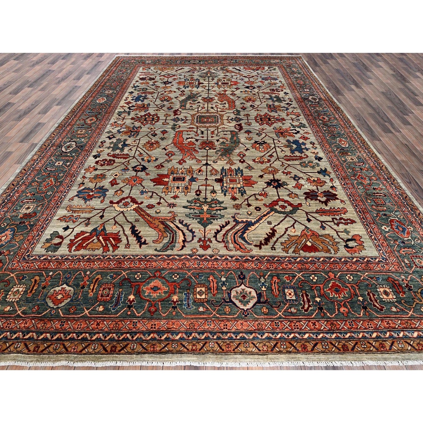 10'4"X14' Light Green Heris All Over Design Hand Knotted Soft Wool Rug
