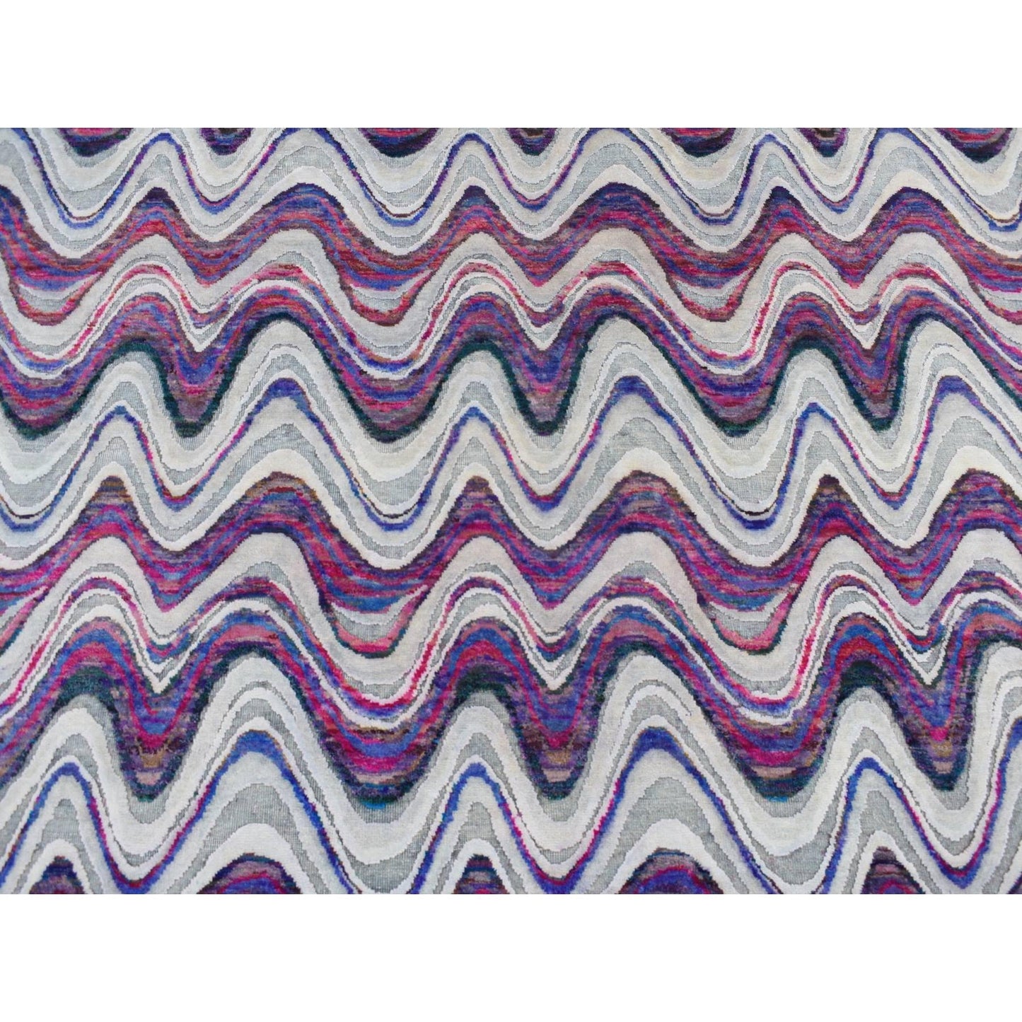 9'X11'10" Ivory The Colorful Waves Silk With Wool Hand Knotted Rug