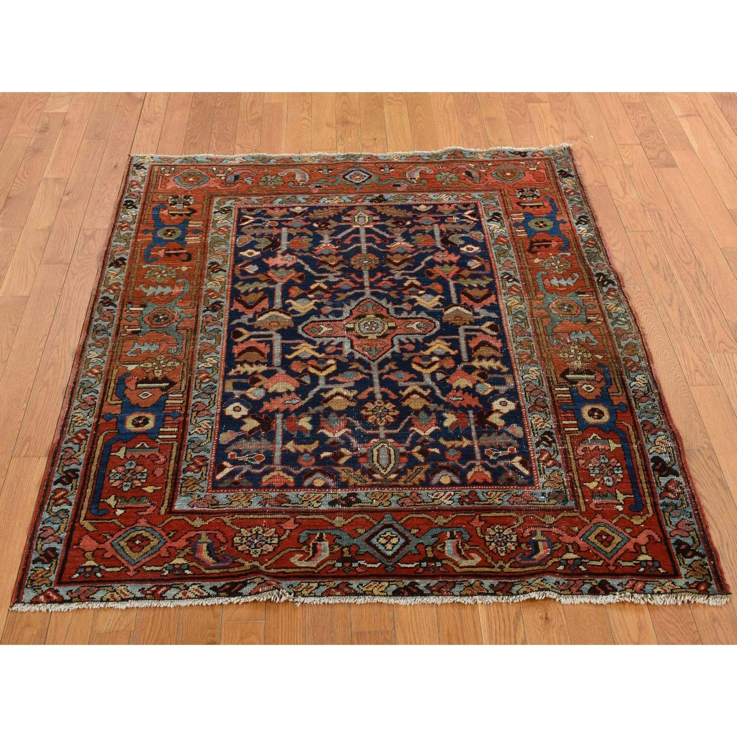 4'6"X5'6" Blue Antique Zoroastrian Heris Wide Serapi Borders Oriental Rug