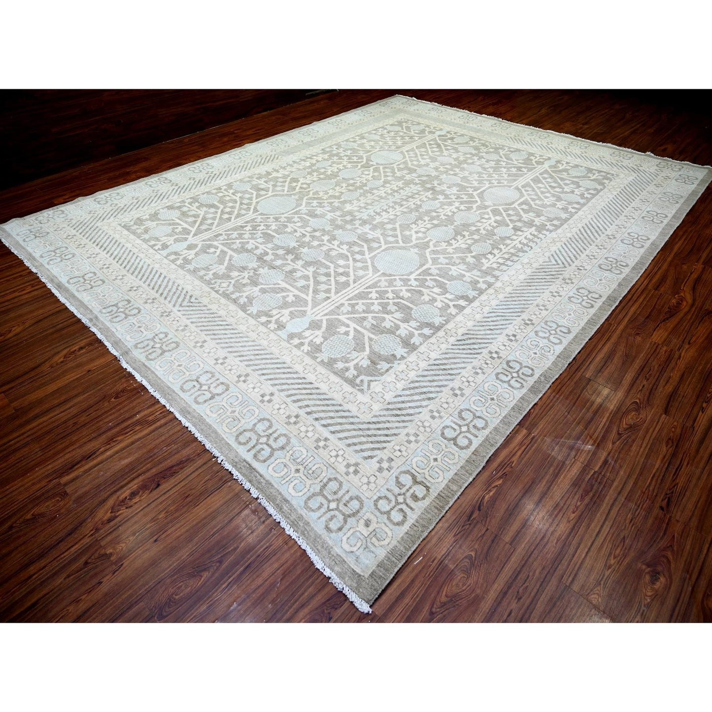 11'2"X14'3" Gray Washed Out Peshawar Hand Knotted Pure Wool Oversized Rug