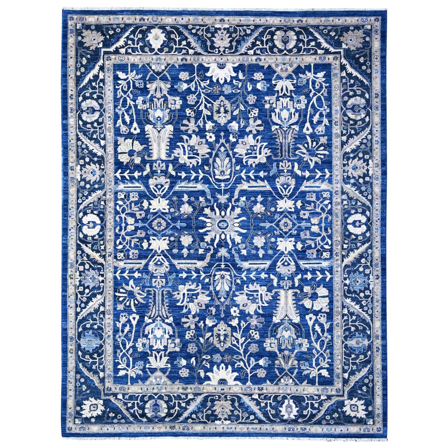 9'X11'7" Blue Hand Knotted 100% Wool Peshawar Heris Design Oriental Rug