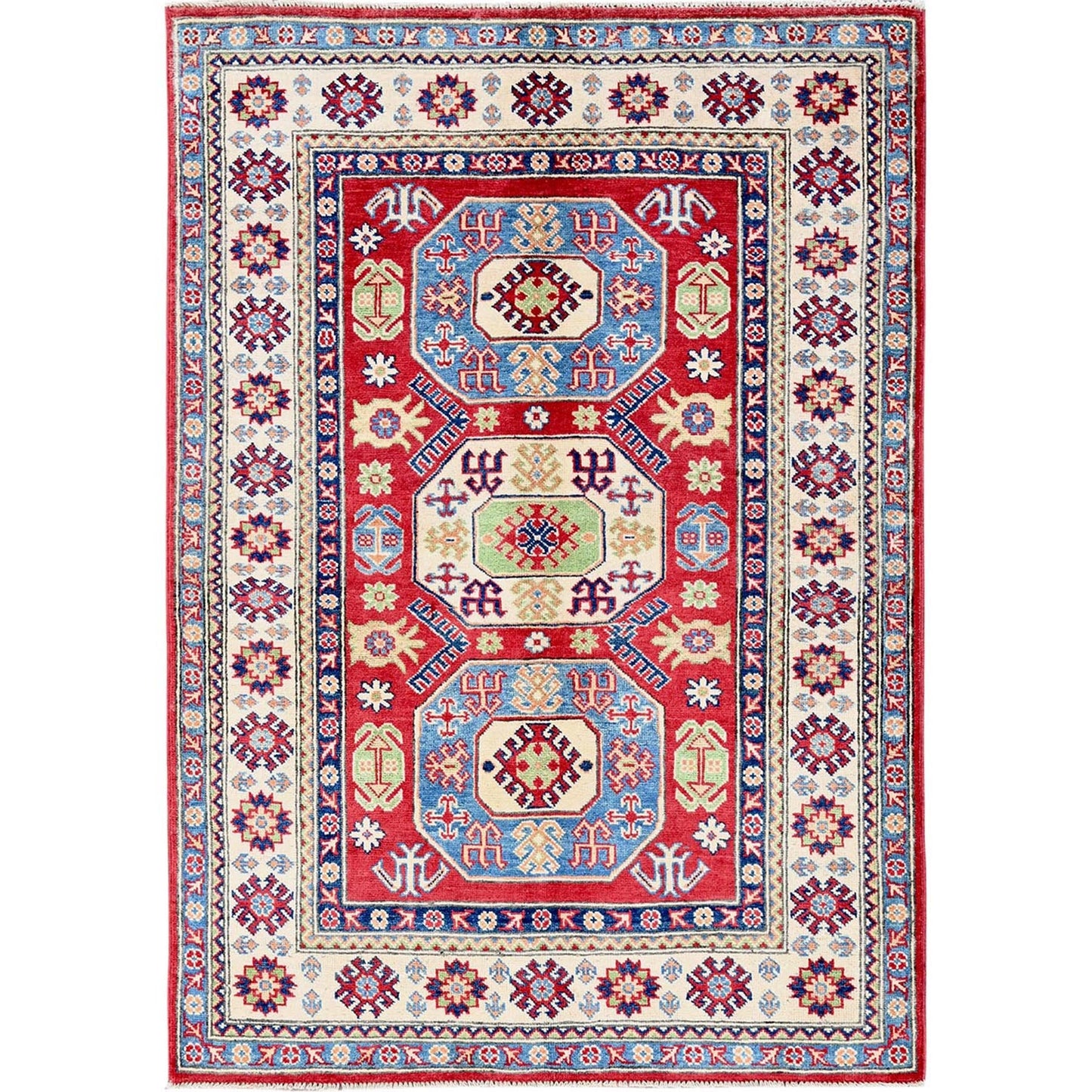 4'X5'8" Arsenal Red Kazak With Geometric Design Hand Knotted Soft Wool Rug